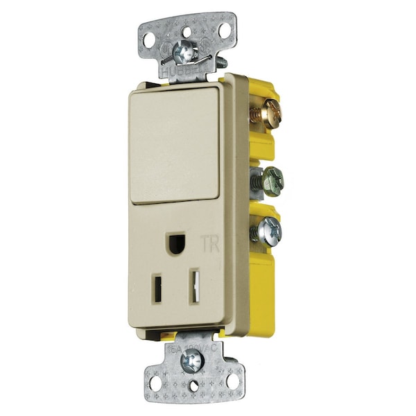 Hubbell Wiring Device-Kellems Combination Devices, Residential Grade, Decorator Series, 1) Single Pole Rocker, 1) Tamper Resistant Single Receptacle, 15A 120V AC, Side Wired RCD108ITR - main